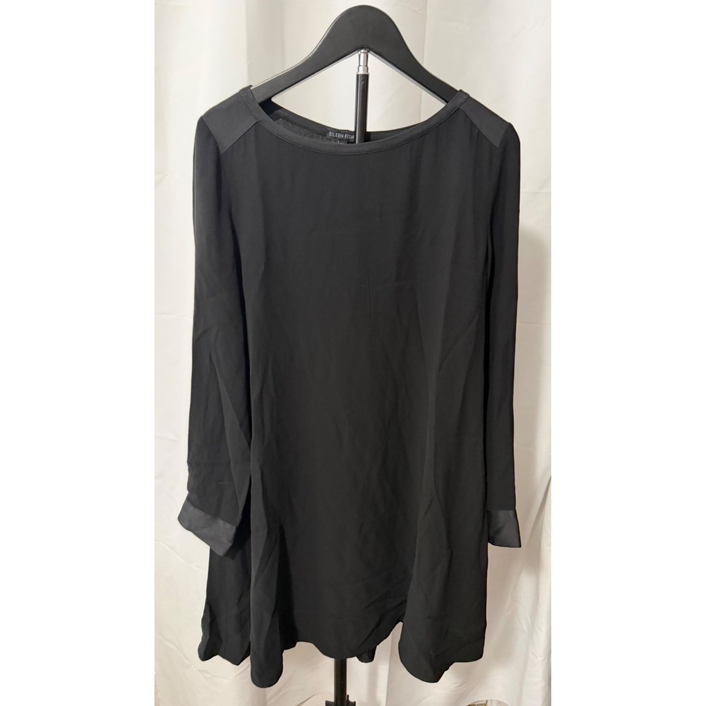 Eileen Fisher Black 100% Silk Satin Trim Long Sleeve Shift Dress Womens Small